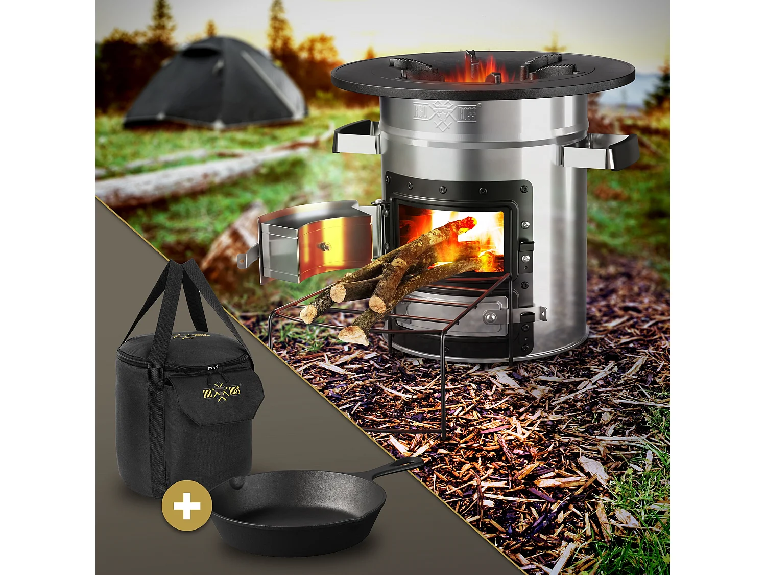 Four à fusée BBQ avec poêle en fonte grill acier noir camping +sac de transport
