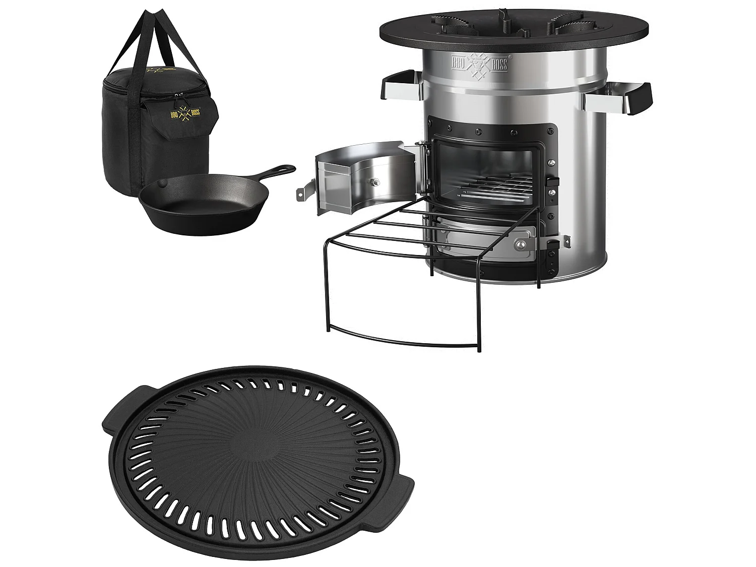 Four à fusée BBQ avec poêle en fonte grill acier noir camping +sac de transport