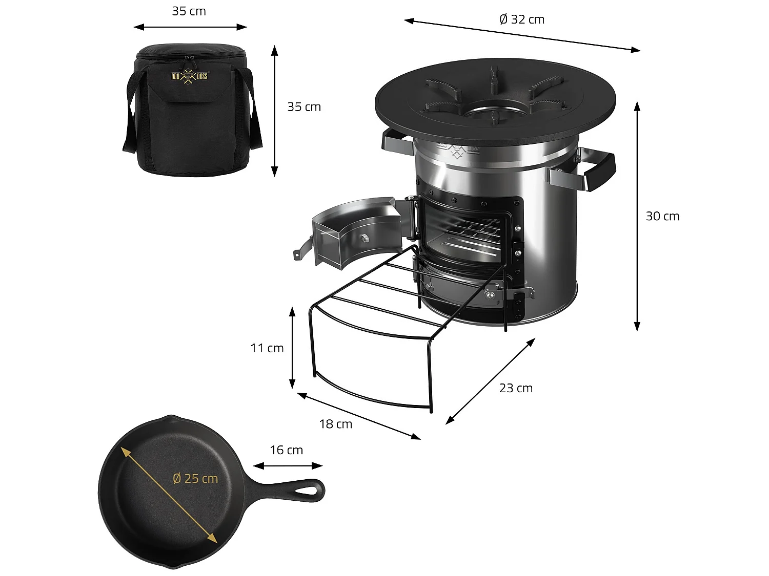Four à fusée BBQ avec poêle en fonte grill acier noir camping +sac de transport