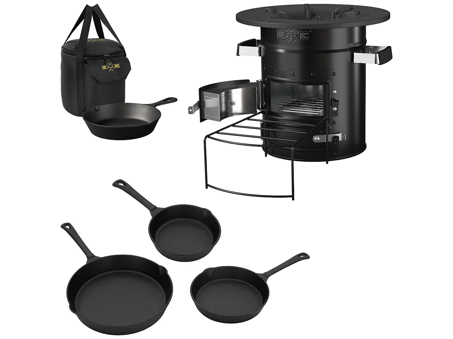 Four à fusée BBQ avec poêle en fonte grill acier noir camping +sac de transport