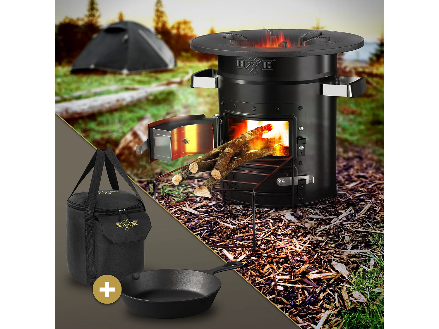 Four à fusée BBQ avec poêle en fonte grill acier noir camping +sac de transport