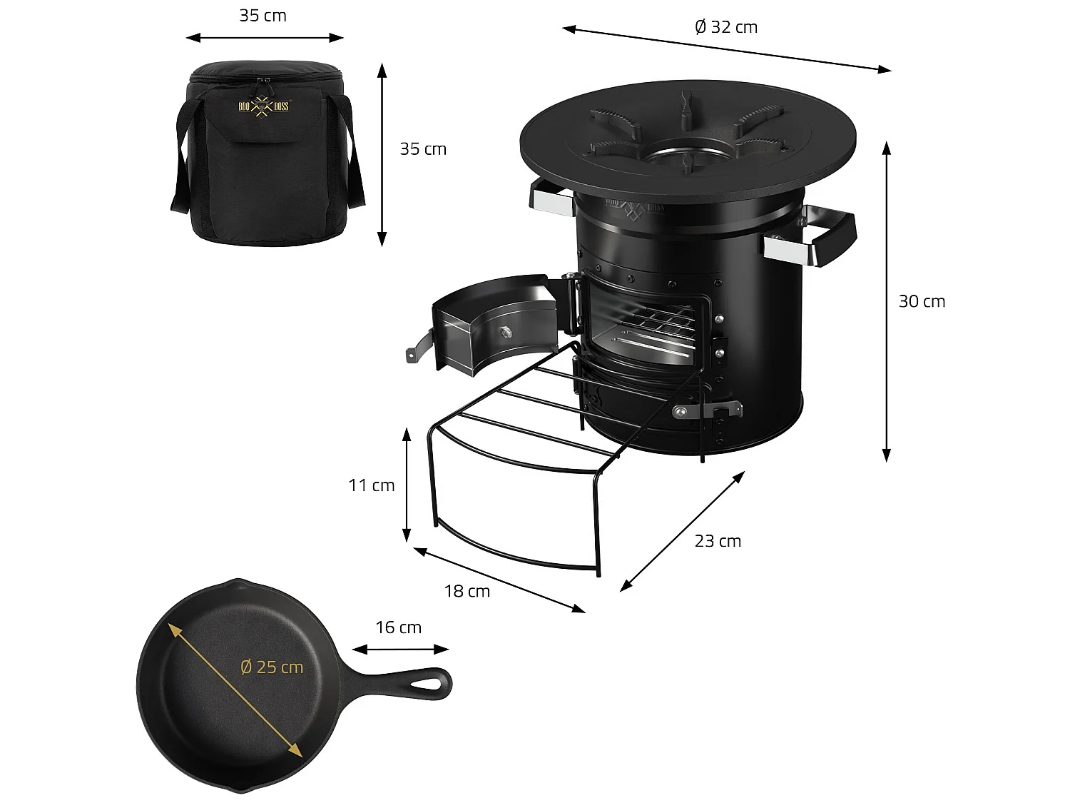 Four à fusée BBQ avec poêle en fonte grill acier noir camping +sac de transport