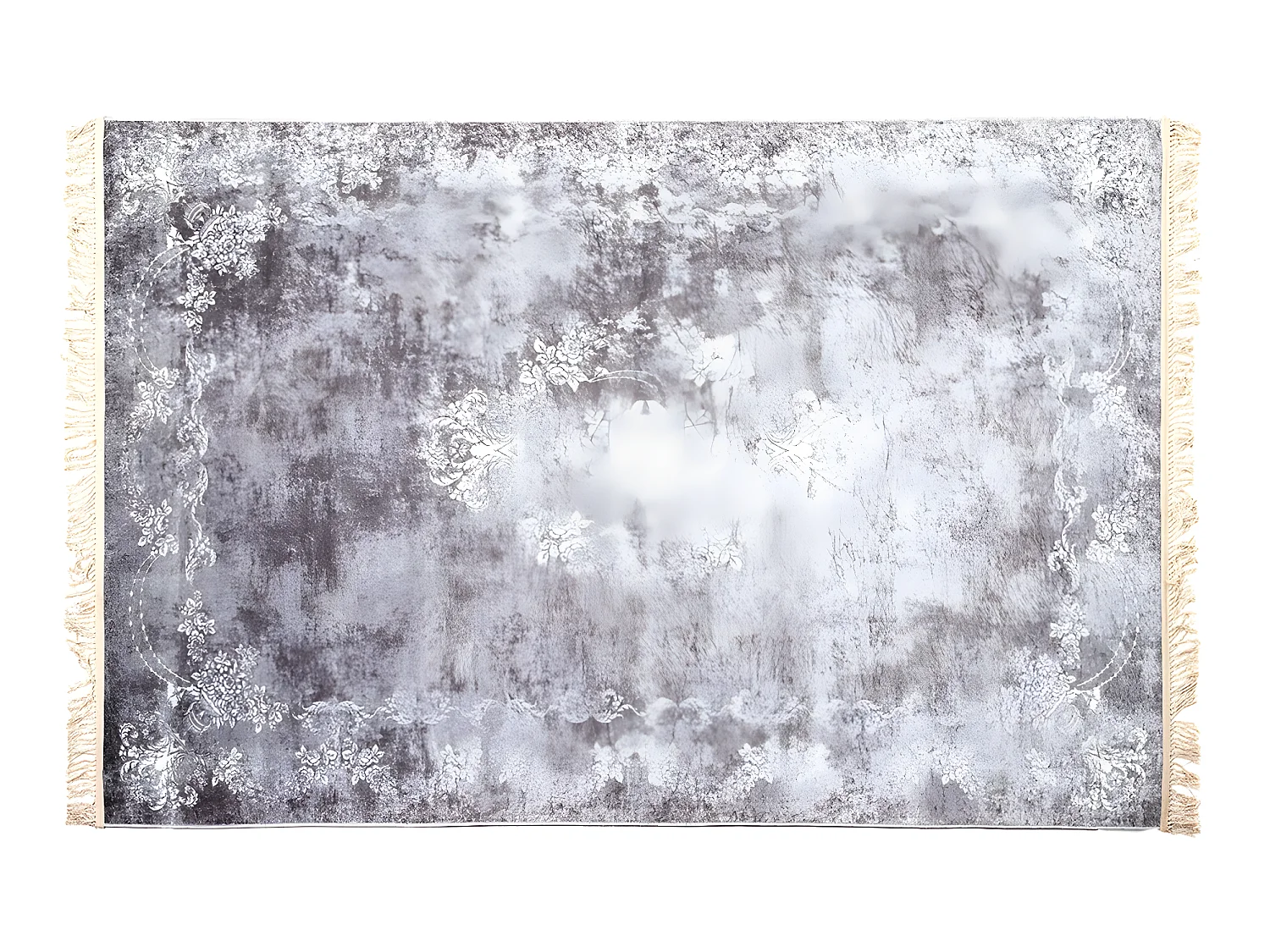 Tapis à franges, tissage plat imprimé, moquette en polyester coloris argent/blanc