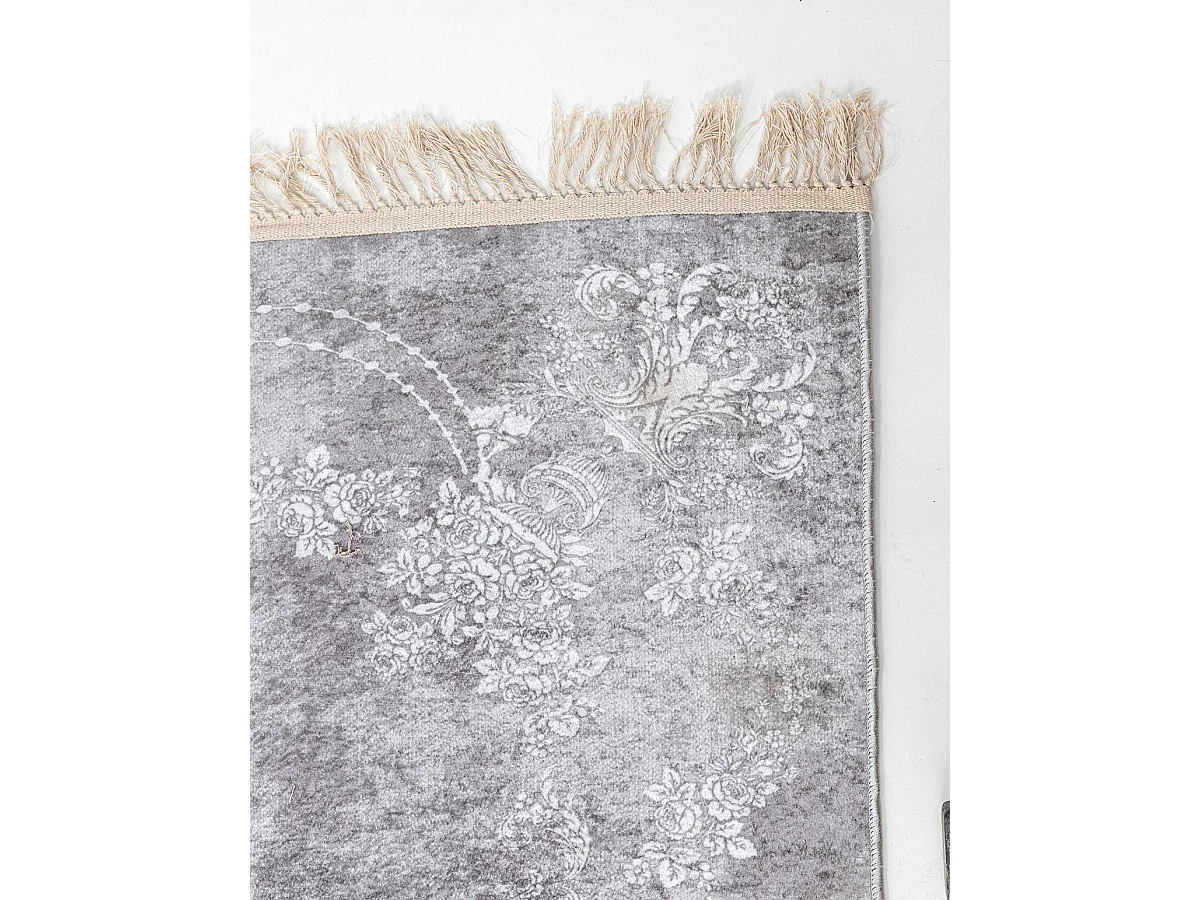 Tapis à franges, tissage plat imprimé, moquette en polyester coloris argent/blanc