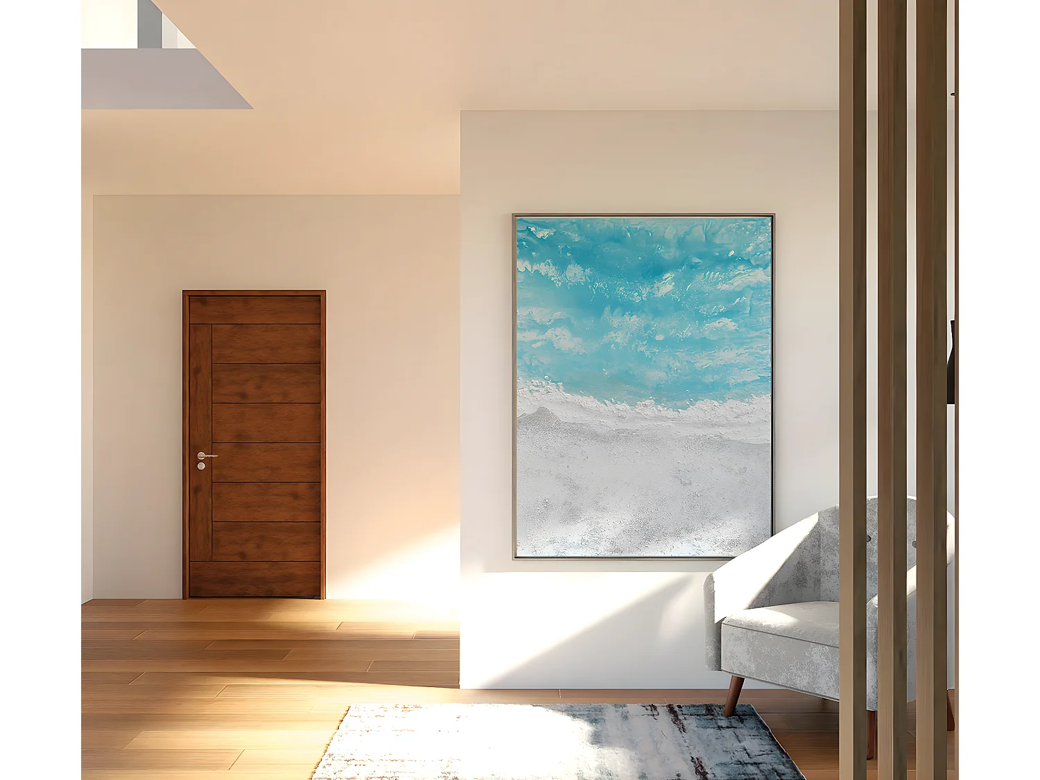 Tableau peinture à l'huile sur toile,peinte abstraite avec cadre en bois blanc