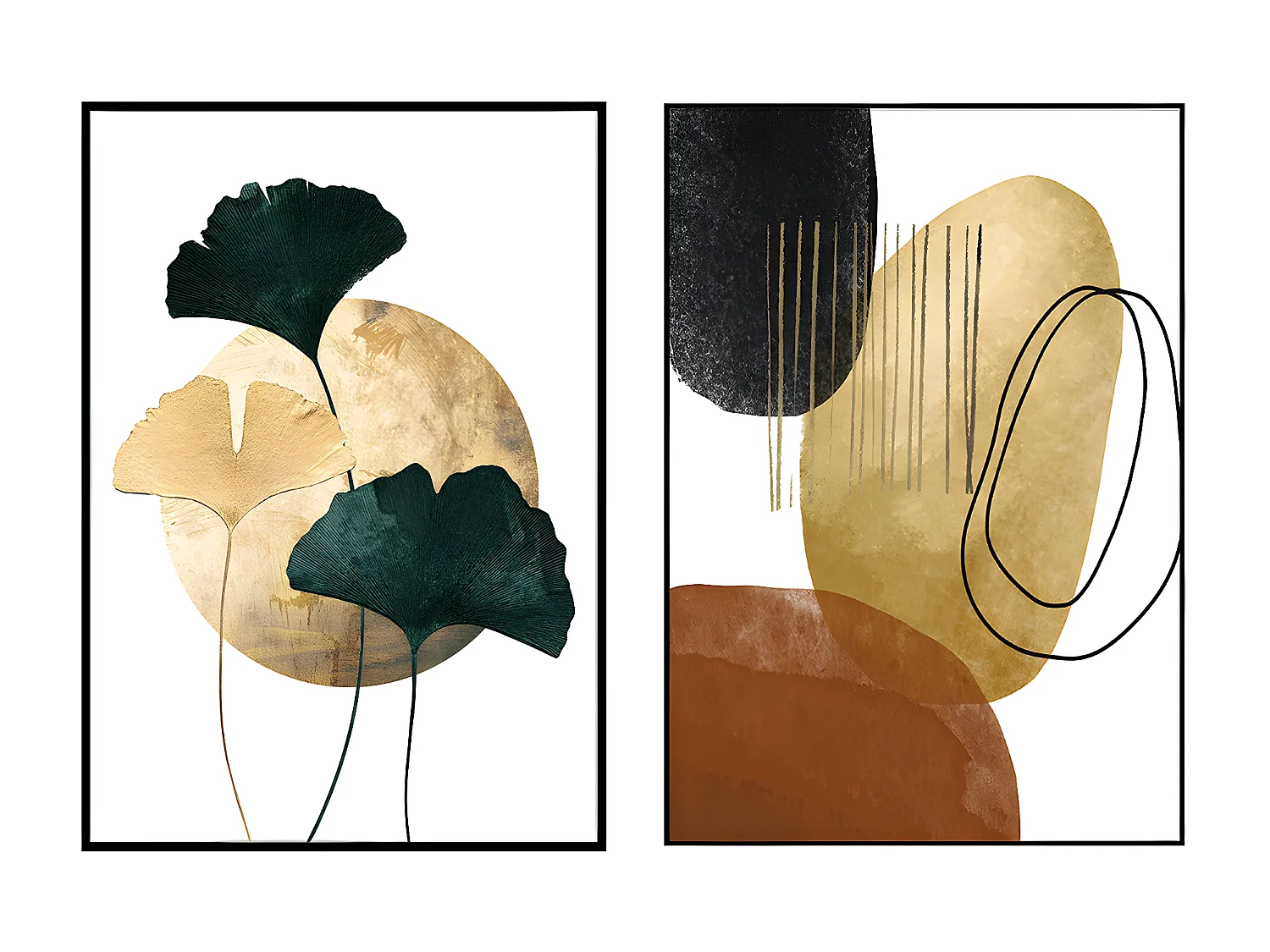 Ensemble 2 tableaux peinture à l'huile sur toile,peinte avec cadre en bois noir