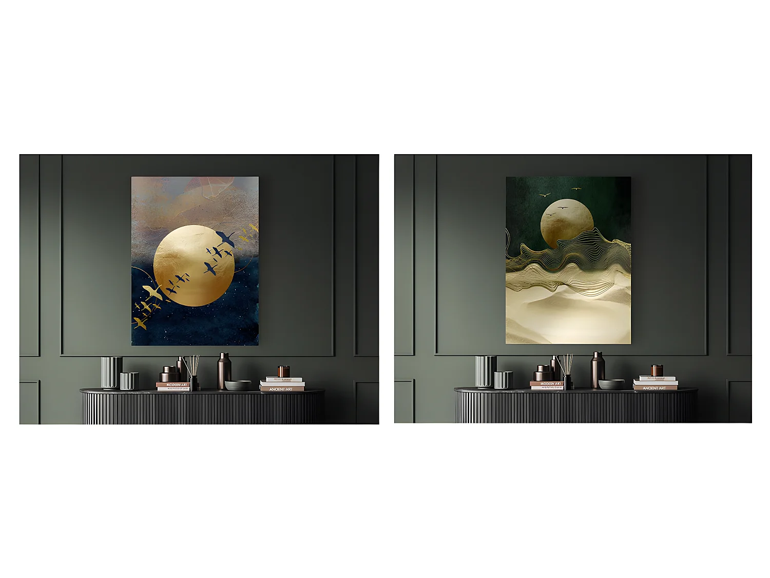 Ensemble de 2 tableaux photo imprimée lune brillante dorée avec effet métallique