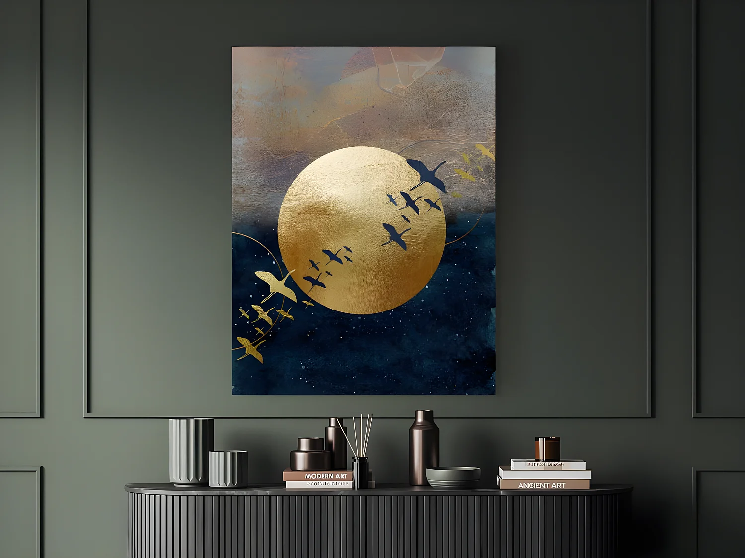 Ensemble de 2 tableaux photo imprimée lune brillante dorée avec effet métallique