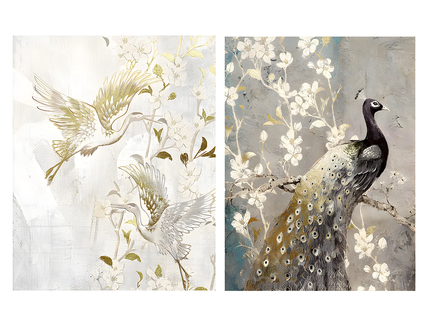 Ensemble de 2 tableaux, feuille imprimée aux motifs floraux oiseau avec cadre en bois