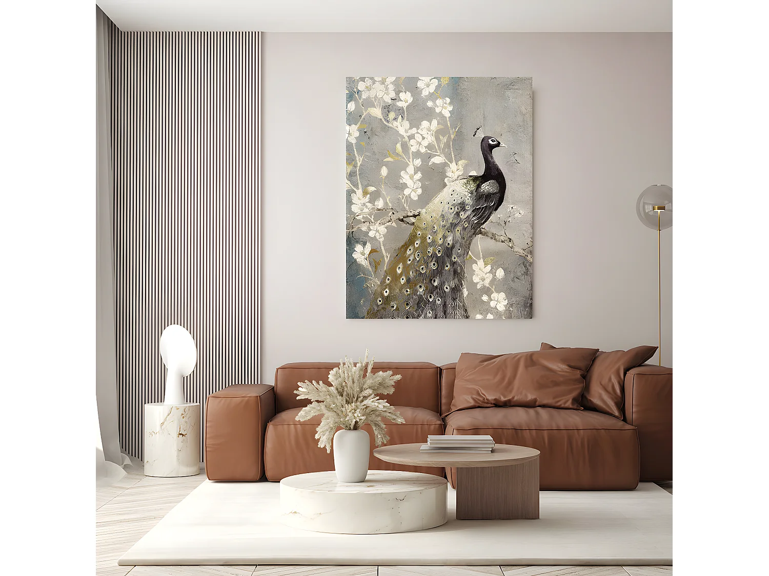 Tableau avec feuille imprimée aux motifs floraux oiseau avec cadre en bois