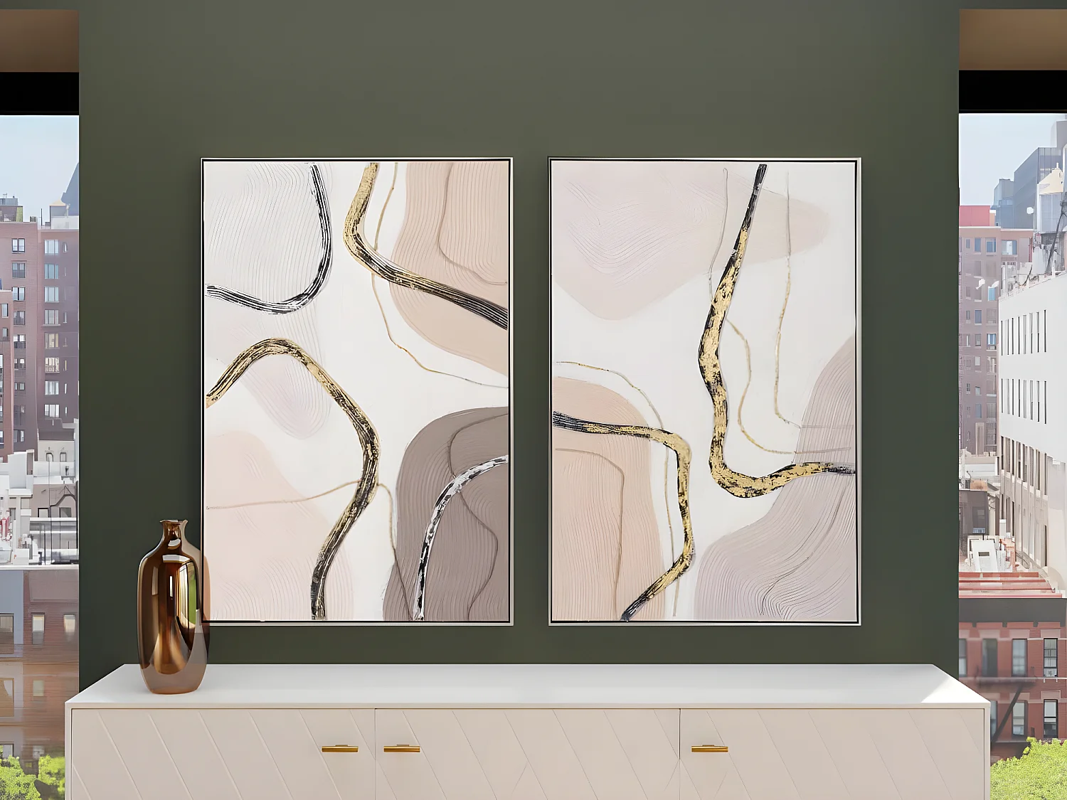 Ensemble 2 tableaux peinture à l'huile sur toile,peinte avec cadre en bois noir