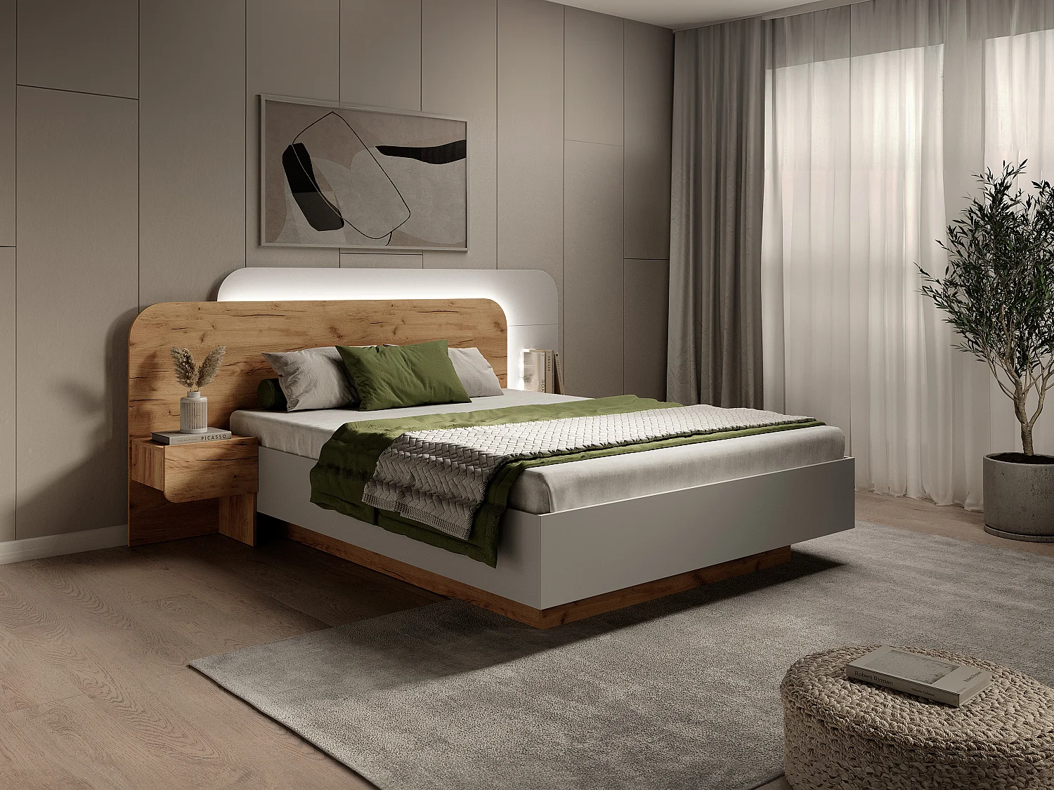 Bett mit Nachttischen - 160 x 200 cm - Mit LED-Beleuchtung - Natur & Weiß - DESADO