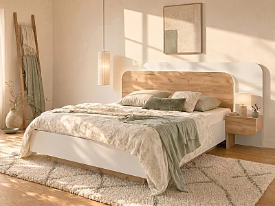 Lit avec chevets 160 x 200 cm - Avec LEDs - Coloris : Naturel et blanc - DESADO