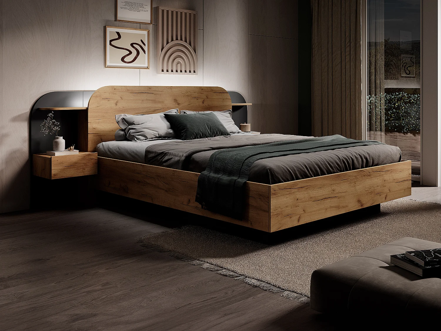 Lit avec chevets 160 x 200 cm - Avec LEDs - Coloris : Naturel et noir - JUVISIA