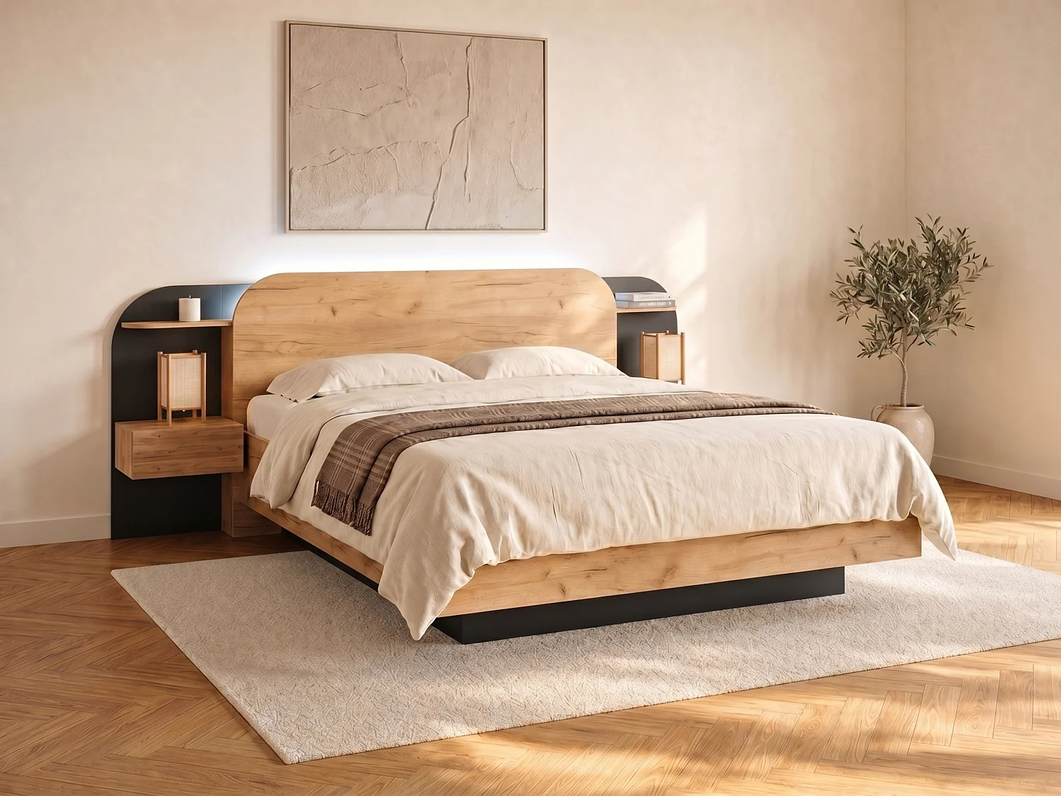 Lit avec chevets 160 x 200 cm - Avec LEDs - Coloris : Naturel et noir - JUVISIA