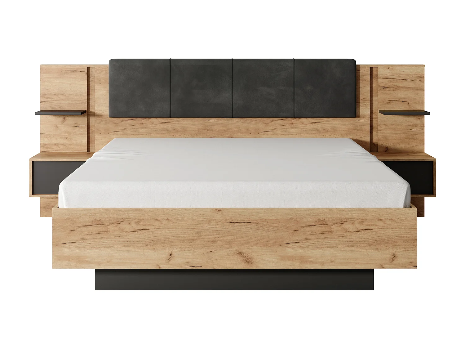 Bett mit Nachttischen - 140 x 190 cm - Mit LED-Beleuchtung - Holzfarben & Anthrazit - ELYNIA