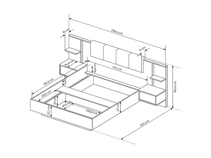 Bett mit Nachttischen - 140 x 190 cm - Mit LED-Beleuchtung - Holzfarben & Anthrazit - ELYNIA