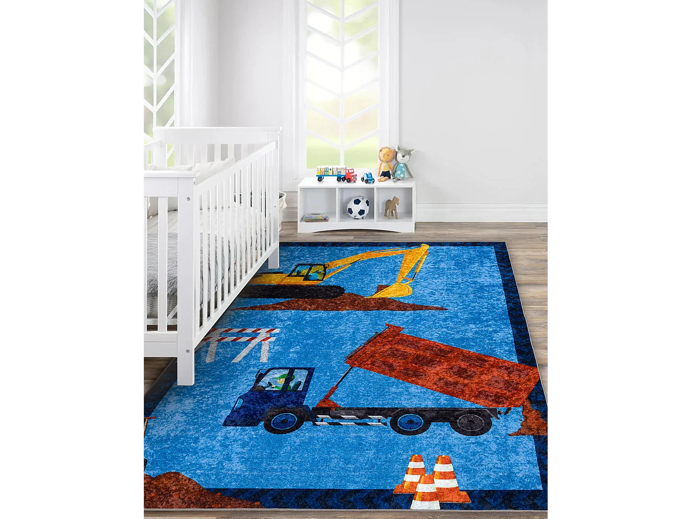 JUNIOR 51827.803 tapijt wasbaar Vrachtwagen, graafmachine voor kindere 160x220 cm