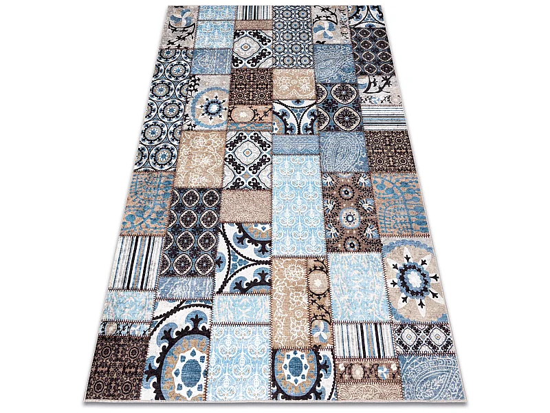 MIRO 51913.802 tapijt wasbaar Lapwerk antislip - blauw / bruin  200x290 cm