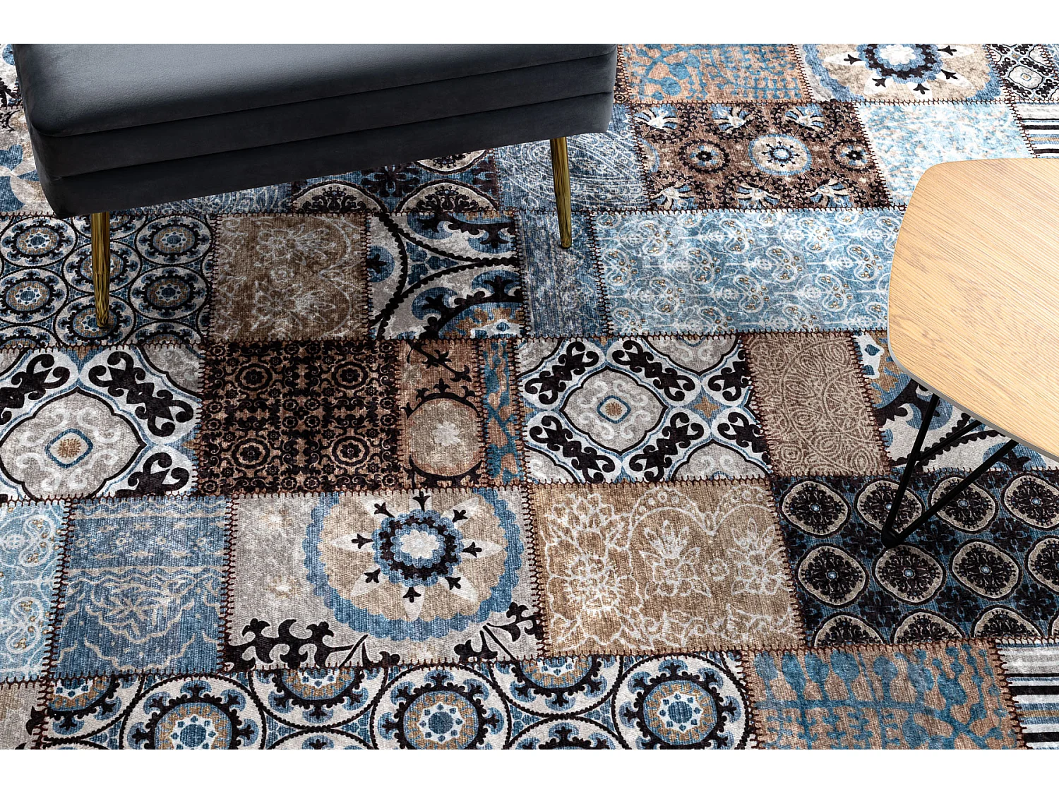 MIRO 51913.802 tapijt wasbaar Lapwerk antislip - blauw / bruin  200x290 cm