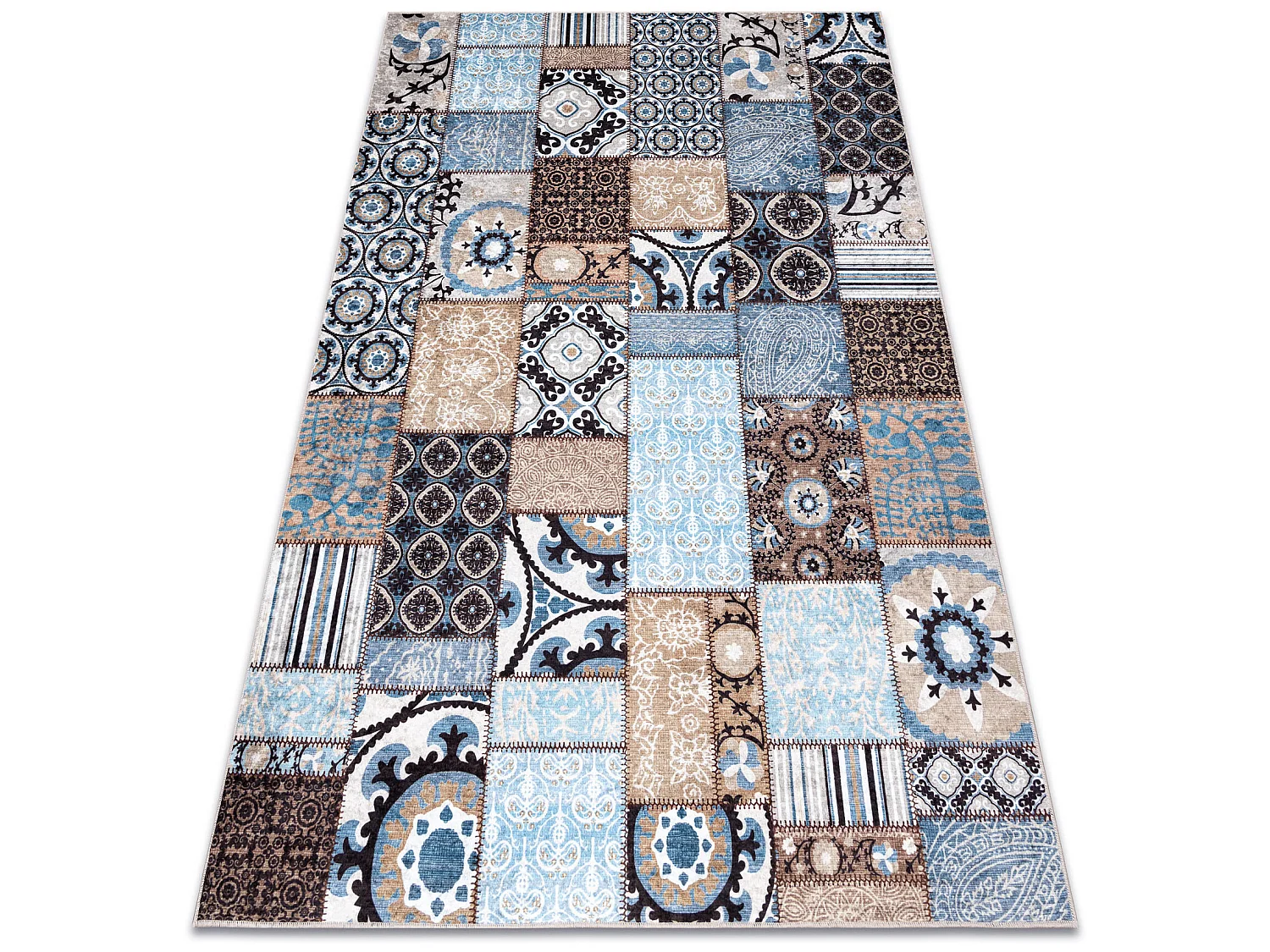 MIRO 51913.802 tapijt wasbaar Lapwerk antislip - blauw / bruin  80x150 cm