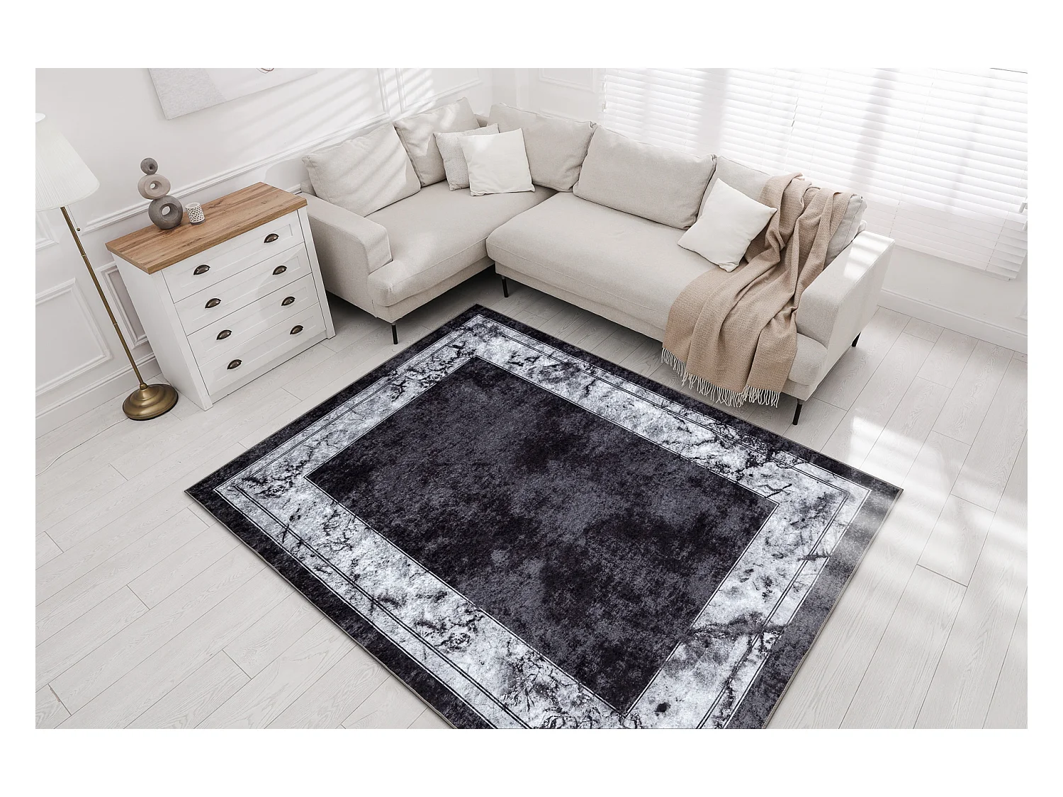 Tapis lavable MIRO 51813.805 Cadre, marbre antidérapant - crème / gr 140x190 cm