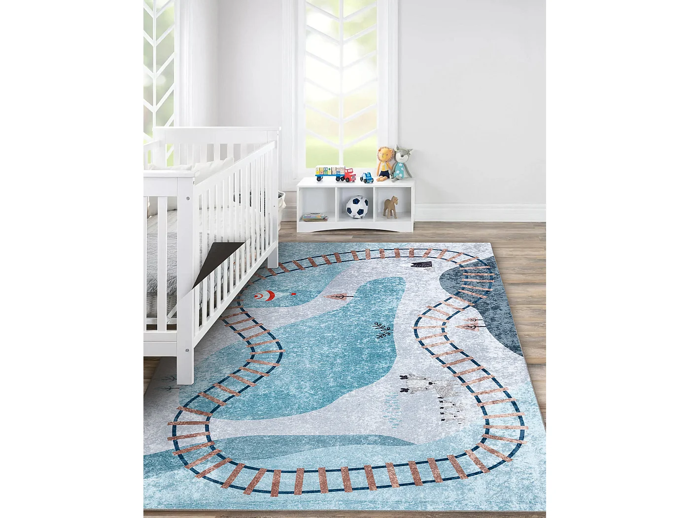 JUNIOR 52243.801 tapijt wasbaar Trein rails voor kinderen antislip - b 140x190 cm