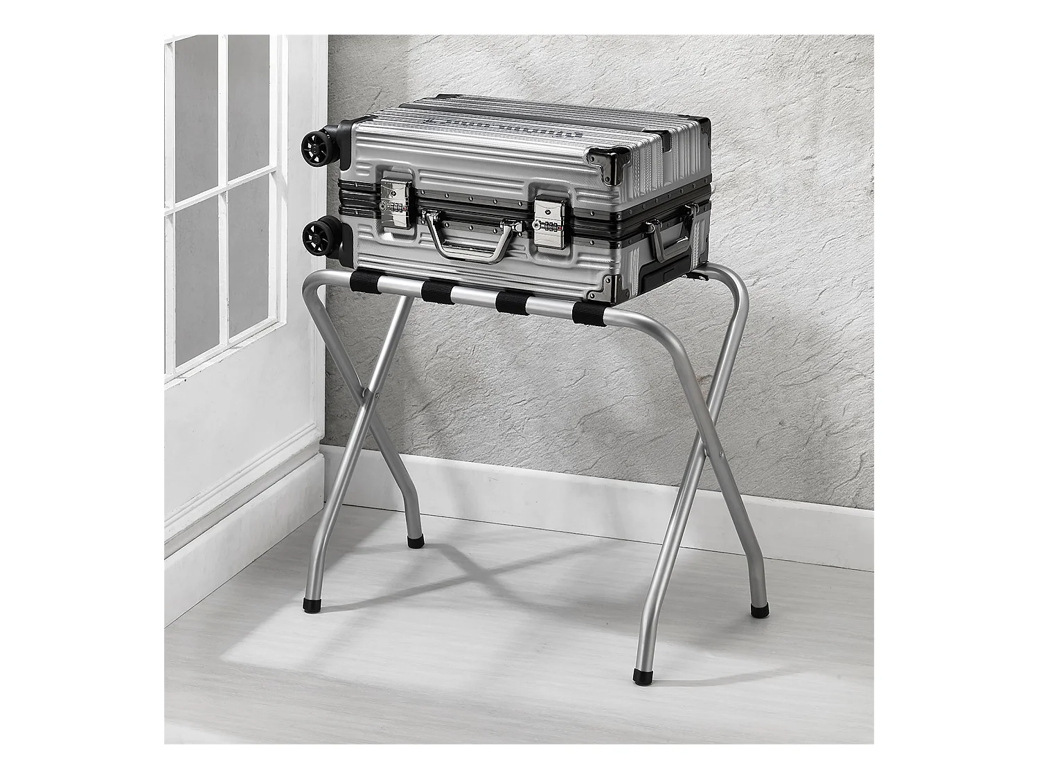 Porte-valise LUGGAGE en métal gris, support-bagages accessoire de chambre hôtel pour sac de voyage et valise, support valise pliable