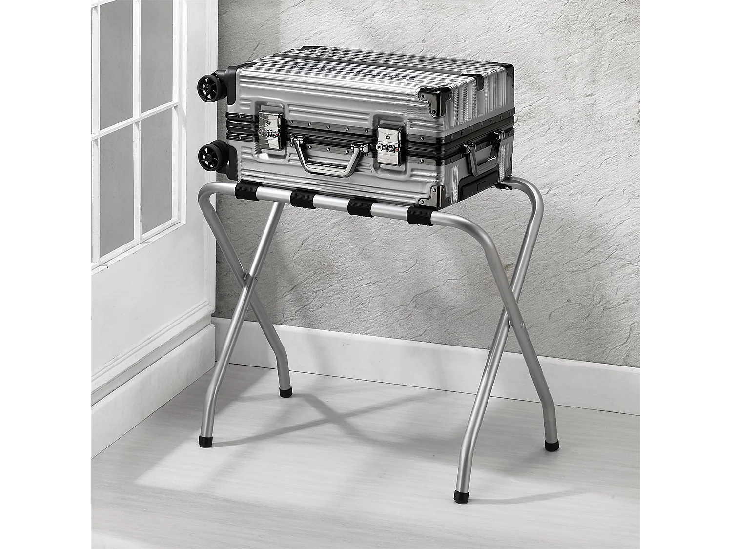 Porte-valise LUGGAGE en métal gris, support-bagages accessoire de chambre hôtel pour sac de voyage et valise, support valise pliable