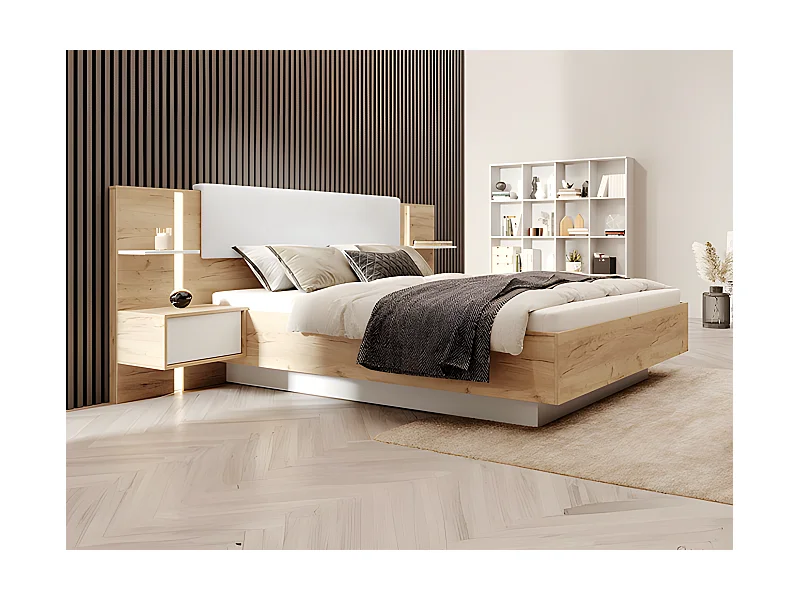 Bett mit Nachttischen + Lattenrost - 160 x 200 cm - Mit LED-Beleuchtung - Holzfarben & Weiß - ELYNIA