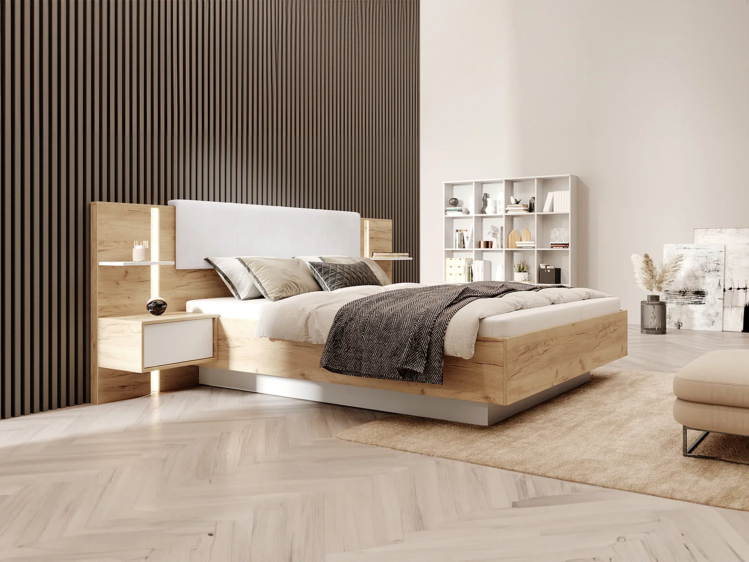 Lit avec chevets 160 x 200 cm - Avec LEDs - Coloris : Naturel et blanc + Sommier - ELYNIA