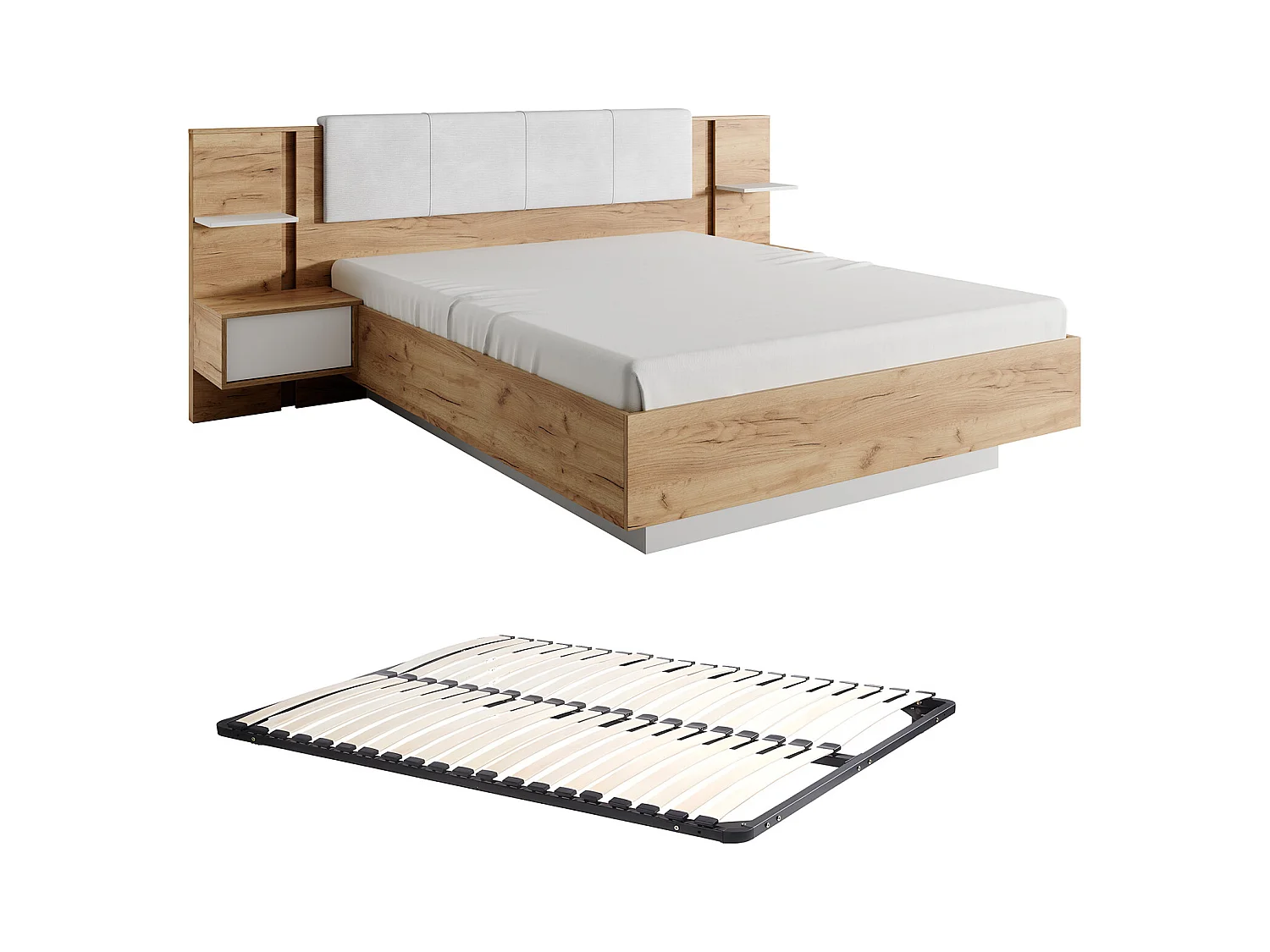 Łóżko z szafkami nocnymi 160 x 200 cm - Z oświetleniem LED - Naturalny i biały + Stelaż - ELYNIA