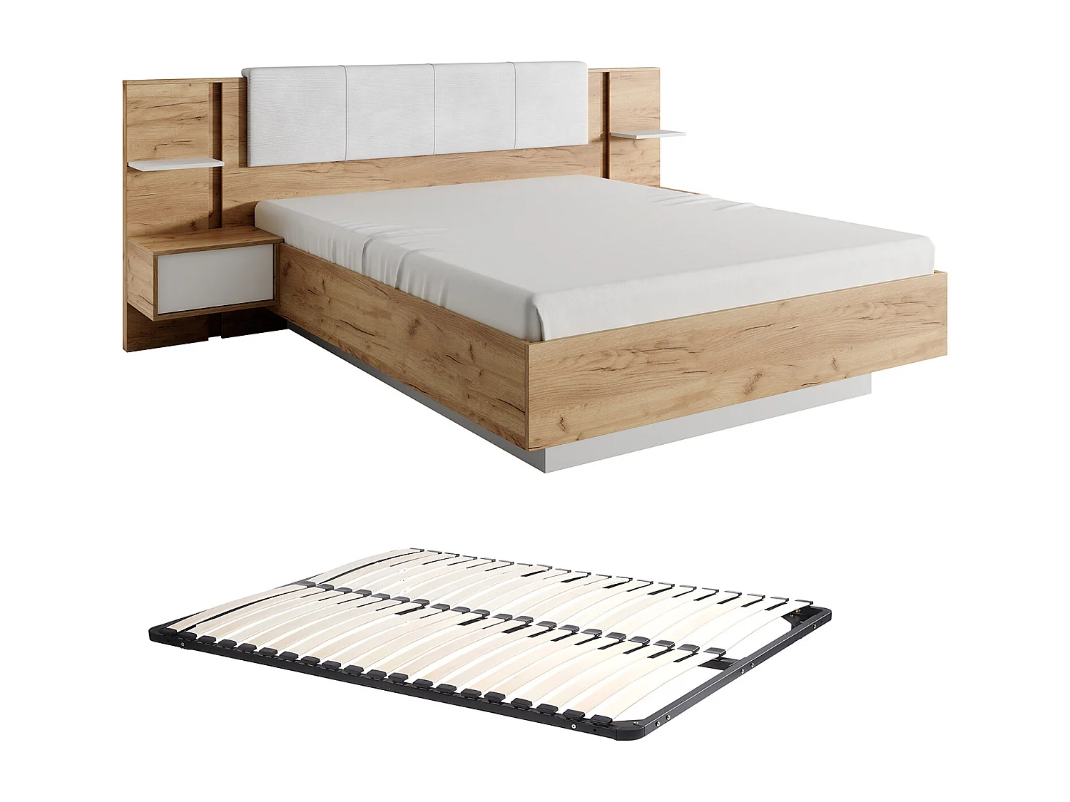 Lit avec chevets 160 x 200 cm - Avec LEDs - Coloris : Naturel et blanc + Sommier - ELYNIA