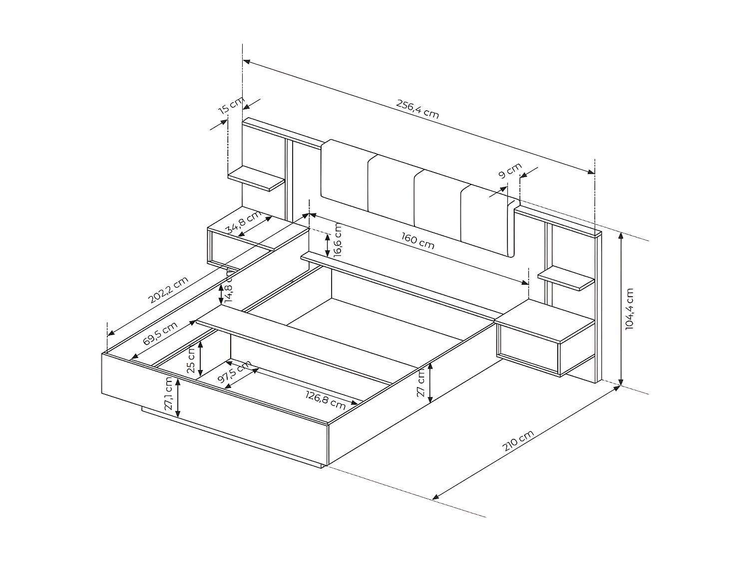 Bett mit Nachttischen + Lattenrost + Matratze - 160 x 200 cm - Mit LED-Beleuchtung - Holzfarben & Weiß - ELYNIA