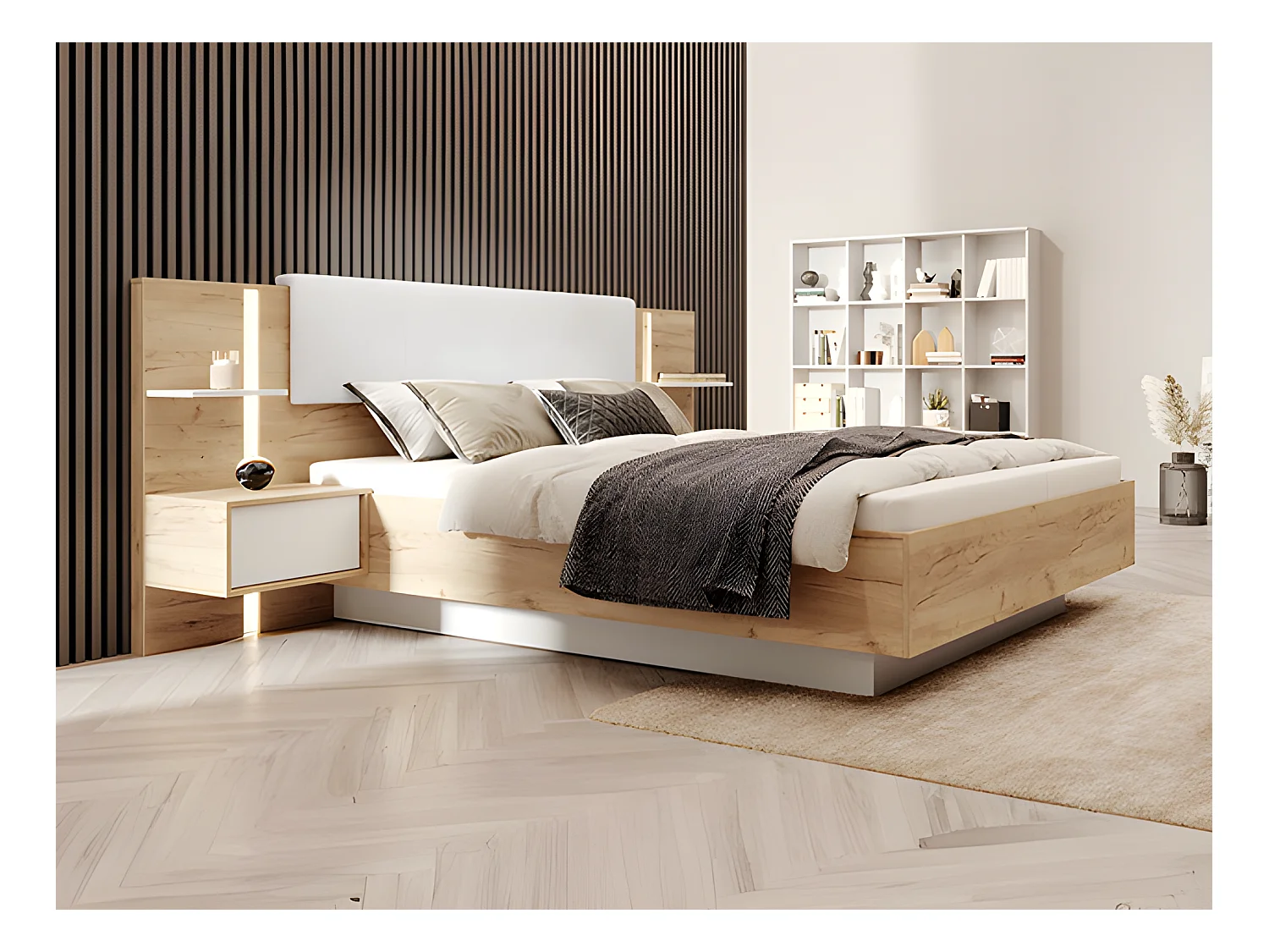 Lit avec chevets 160 x 200 cm - Avec LEDs - Coloris : Naturel et blanc + Sommier + Matelas - ELYNIA