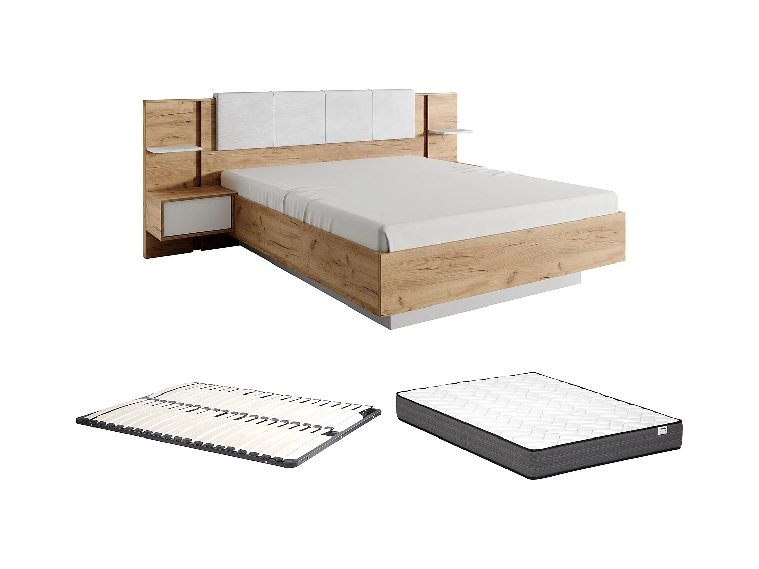 Bed met nachtkastjes 160 x 200 cm - Met ledverlichting - Kleur: houtlook en wit + bedbodem + matras - ELYNIA