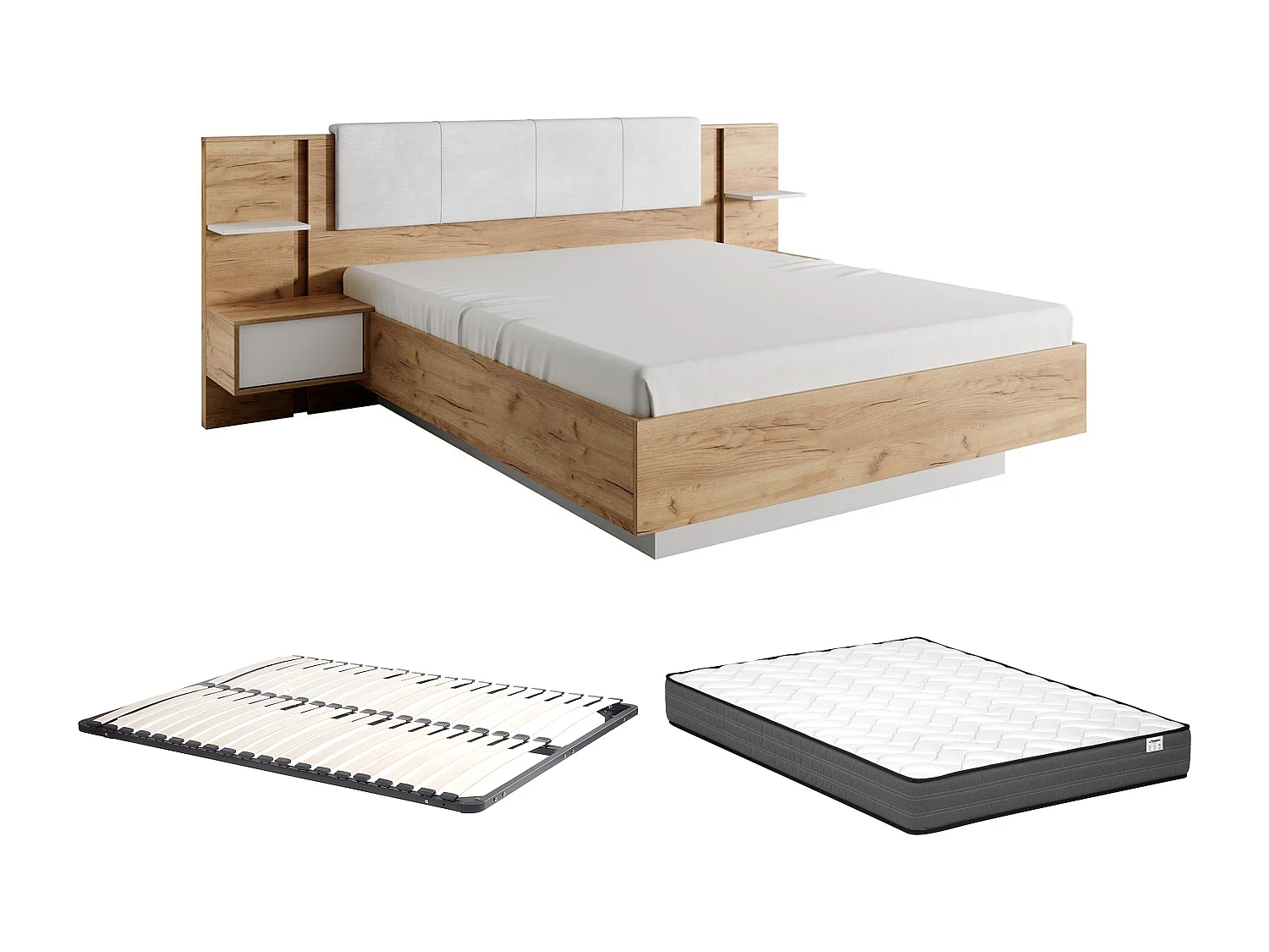 Bed met nachtkastjes 160 x 200 cm - Met ledverlichting - Kleur: houtlook en wit + bedbodem + matras - ELYNIA
