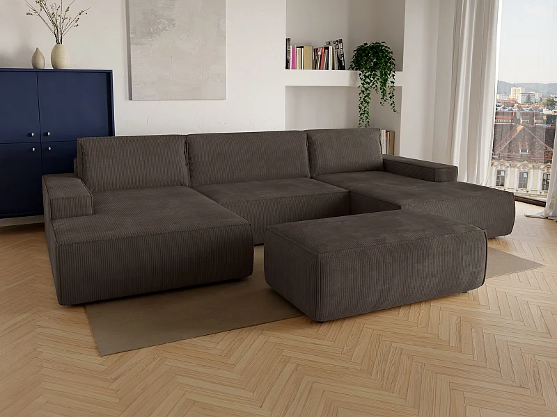 Gran sofá cama rinconera panorámico de pana marrón AMELIA