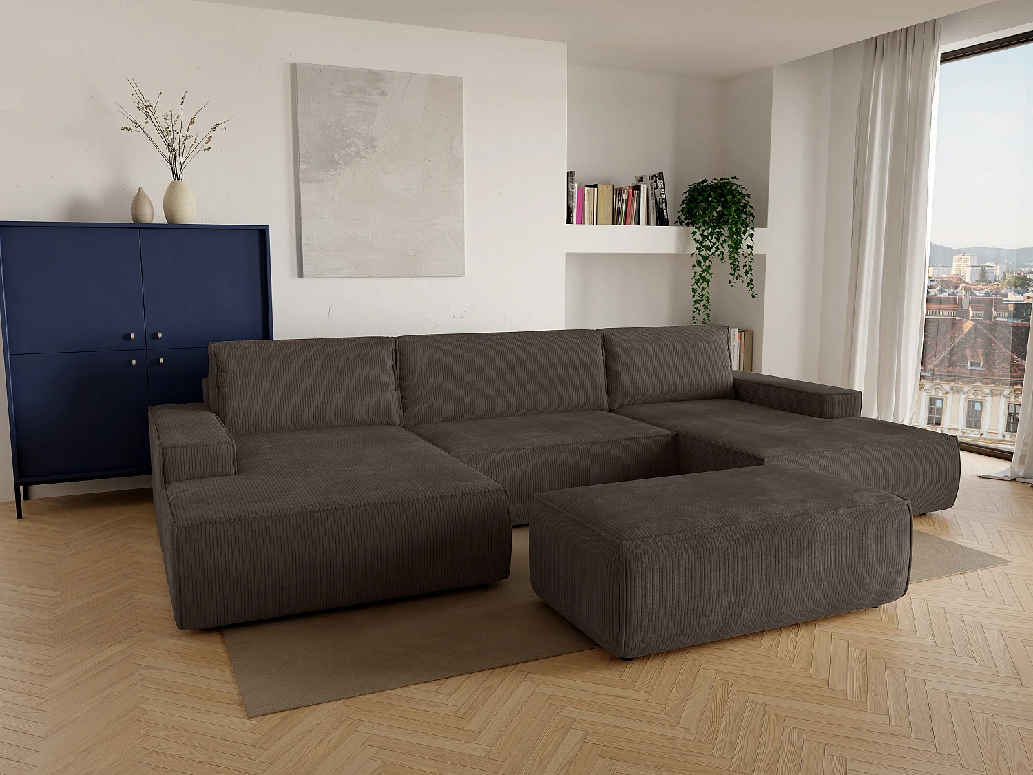 Grand canapé d'angle panoramique convertible en velours côtelé marron AMELIA