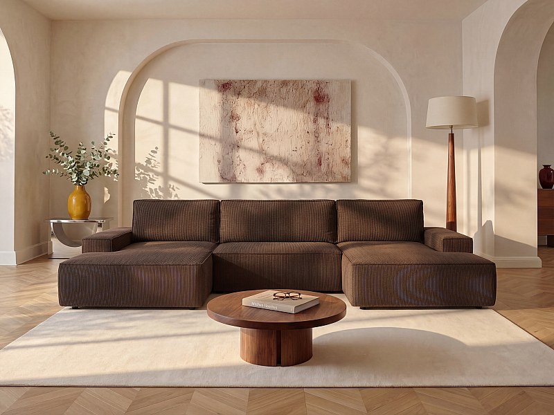 Large panoramic convertible corner sofa in brown corduroy velvet AMELIA
