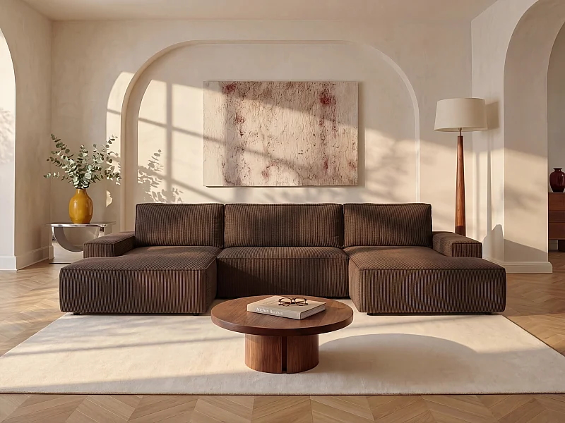 XXL hoekslaapbank van bruin ribfluweel AMELIA