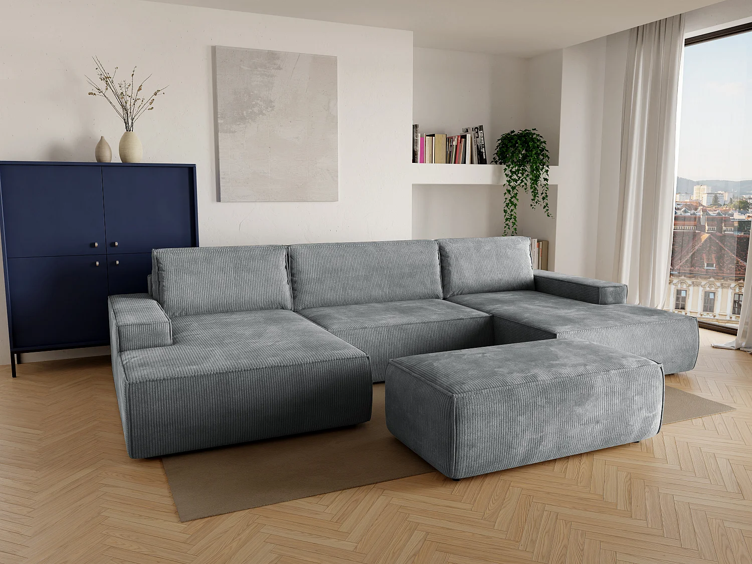 Grande sofá de canto panorâmico convertível em veludo canelado cinza-claro - AMELIA