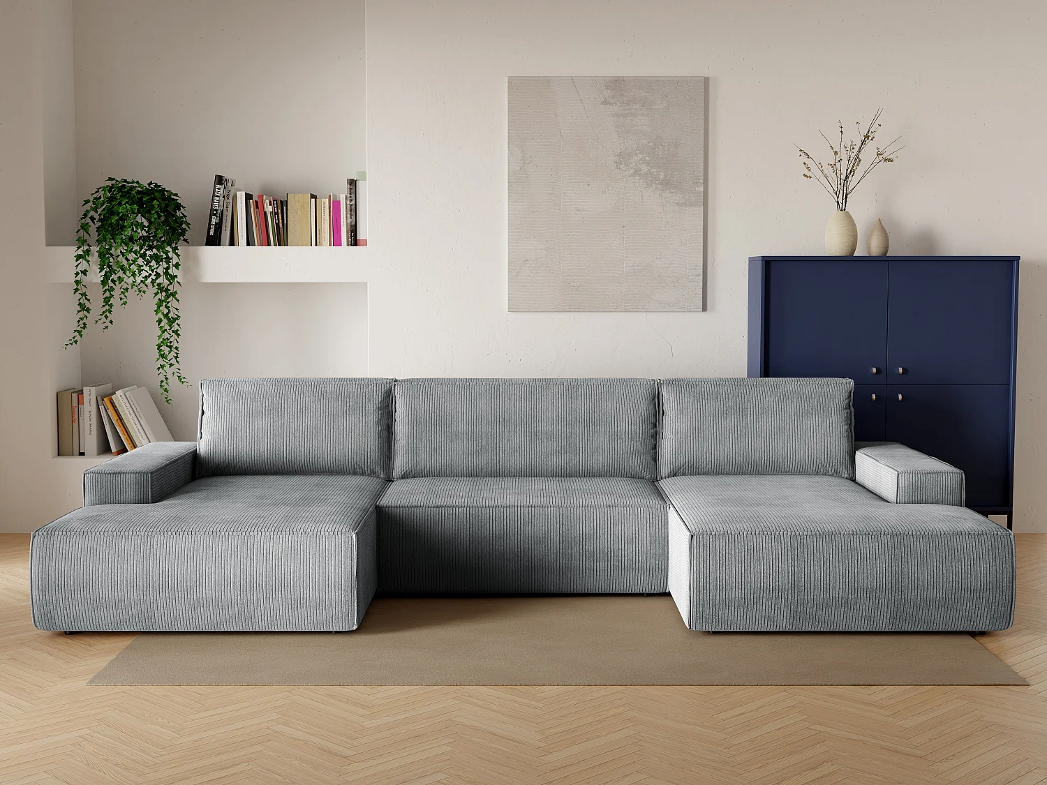 Große Wohnlandschaft mit Schlaffunktion - Cord - Hellgrau - AMELIA
