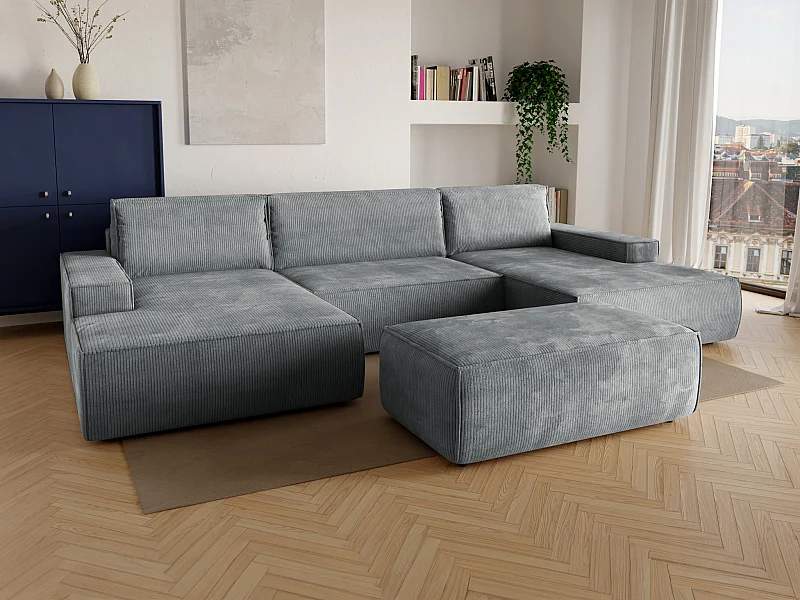 Stor panoramisk hjørnesofa i lysegråt fløjl med sovefunktion AMELIA