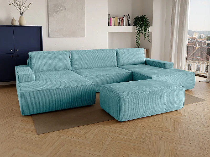 Große Wohnlandschaft mit Schlaffunktion - Cord - Türkisblau - AMELIA