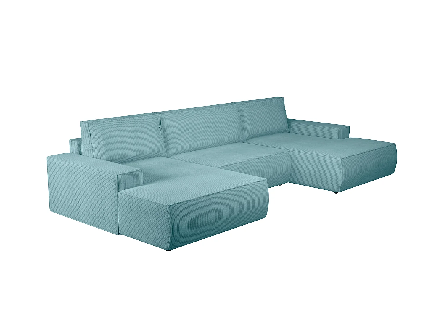 Gran sofá cama rinconera panorámico de pana azul turquesa AMELIA