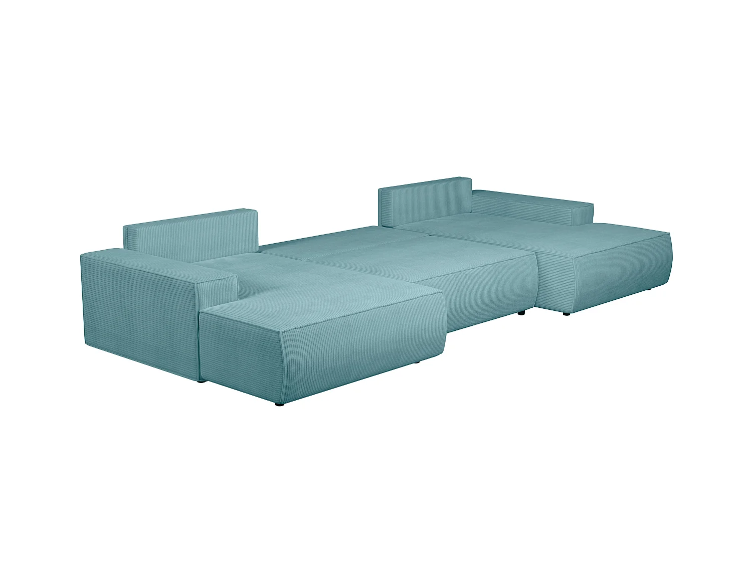 Gran sofá cama rinconera panorámico de pana azul turquesa AMELIA