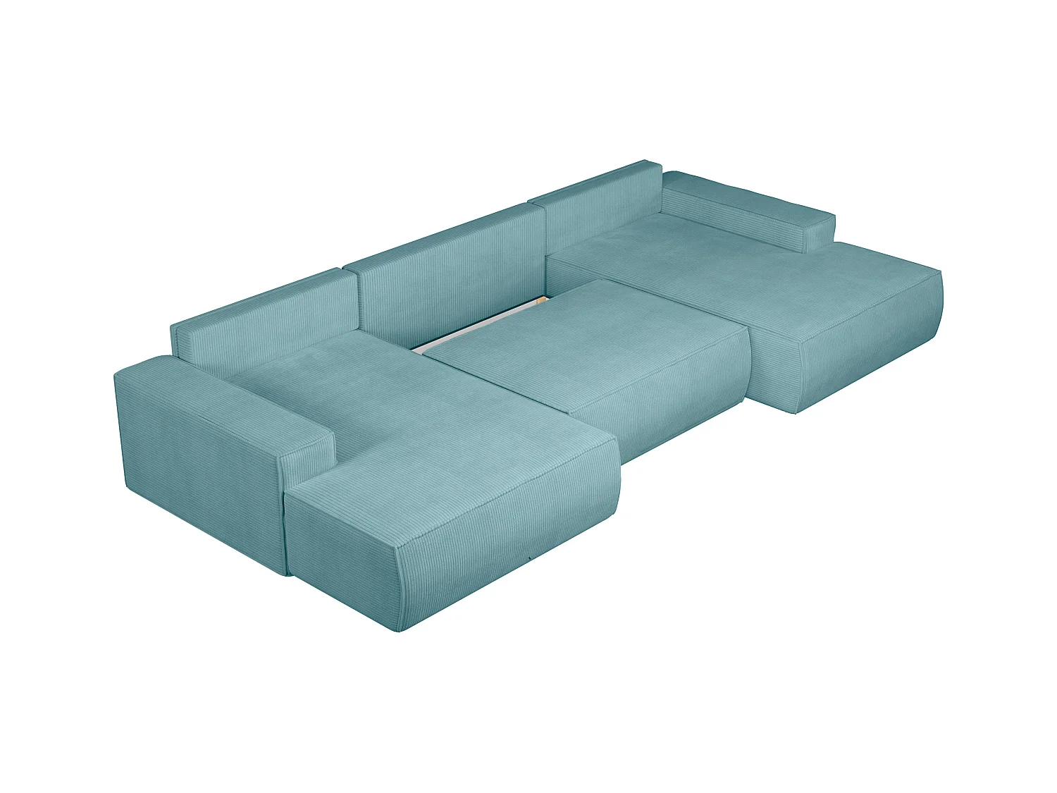 Gran sofá cama rinconera panorámico de pana azul turquesa AMELIA