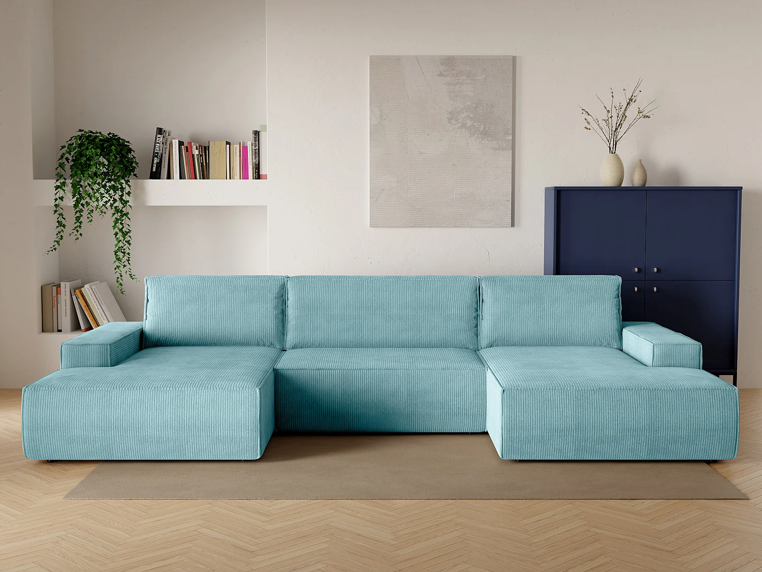 Große Wohnlandschaft mit Schlaffunktion - Cord - Türkisblau - AMELIA