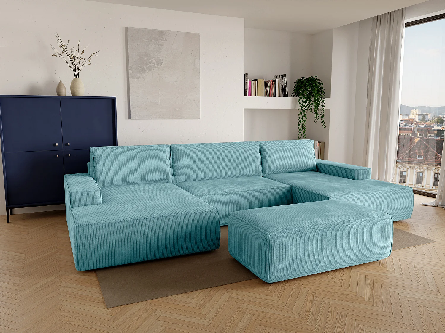 Große Wohnlandschaft mit Schlaffunktion - Cord - Türkisblau - AMELIA